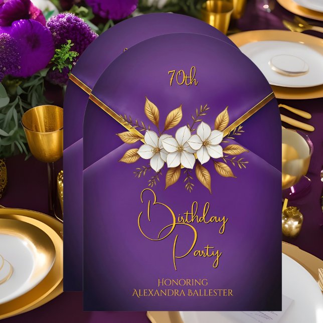 Birthday Party Lilac Flowers Faux Velvet Gold Einladung (Von Creator hochgeladen)