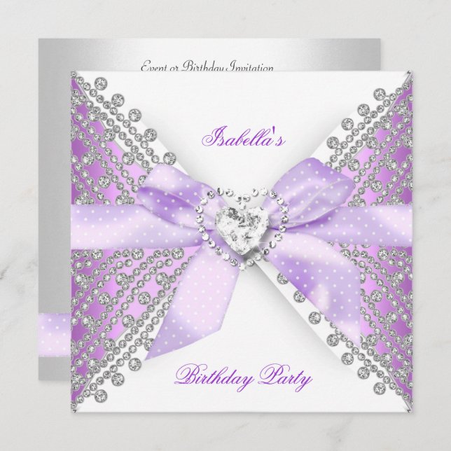 Birthday Party Lilac Lila Silver White Diamond Einladung (Vorne/Hinten)