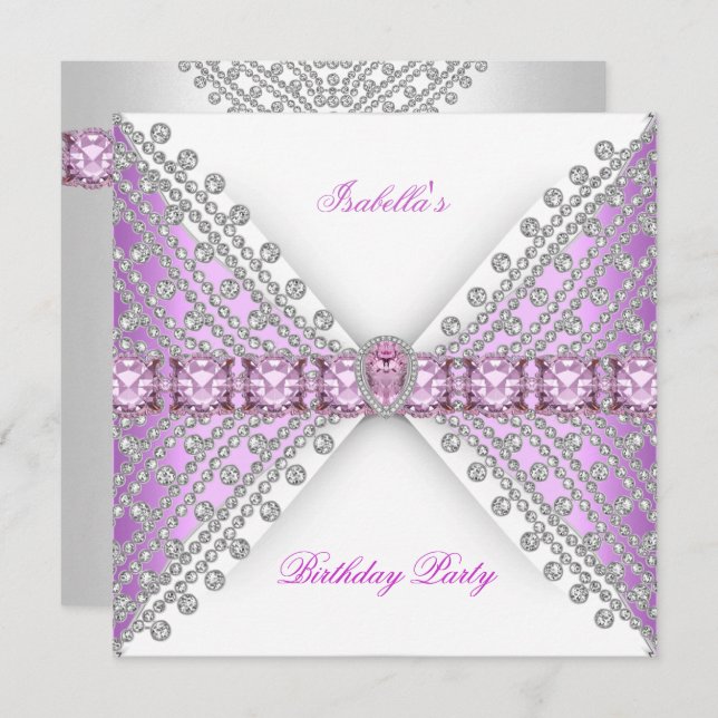 Birthday Party Lilac Pink Silver White Diamond Bow Einladung (Vorne/Hinten)