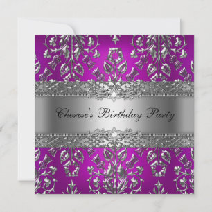 Birthday Party Magenta Silver Damask Einladung