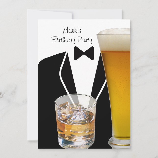 Birthday Party Mans Mens Beer Scotch Tuxedo Einladung (Vorderseite)