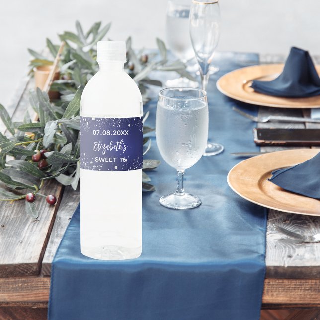 Birthday Party Marine blauen silbernen Glitzern Wasserflaschenetikett (Von Creator hochgeladen)