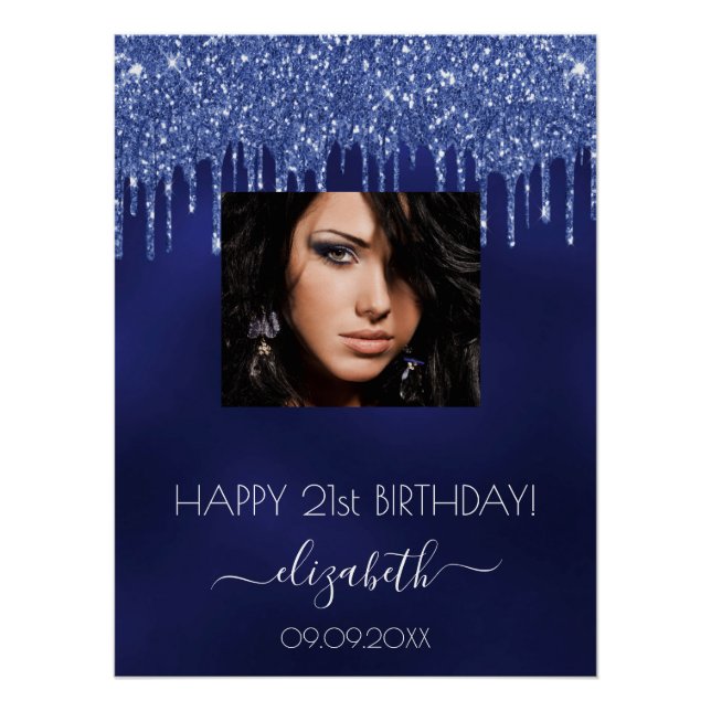 Birthday Party Marine Blue Glitzer Tropfen Foto Poster (Vorderseite)