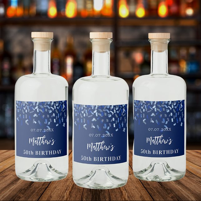 Birthday Party Marine Blue Konfetti Name Alkoholflaschenetikett (Von Creator hochgeladen)