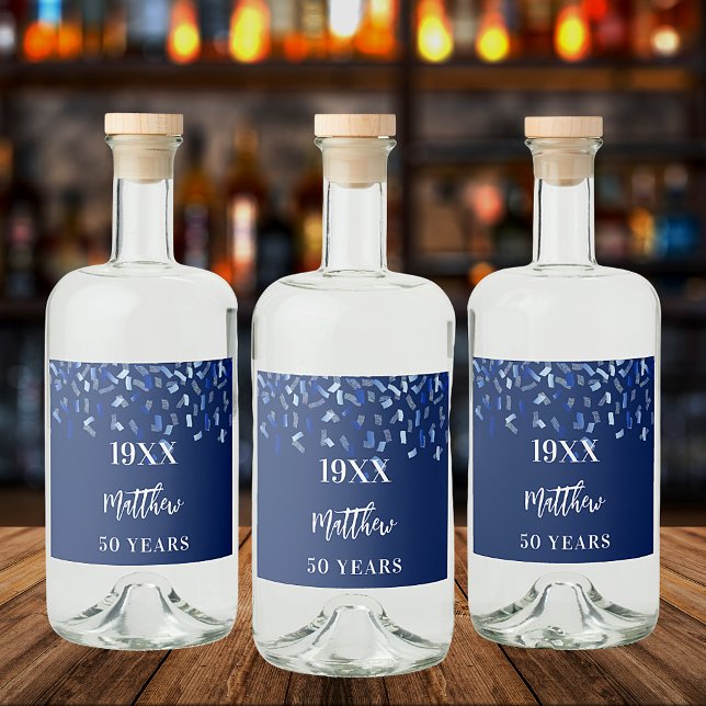 Birthday Party Marine Blue Konfetti Namen Jahre Alkoholflaschenetikett (Von Creator hochgeladen)