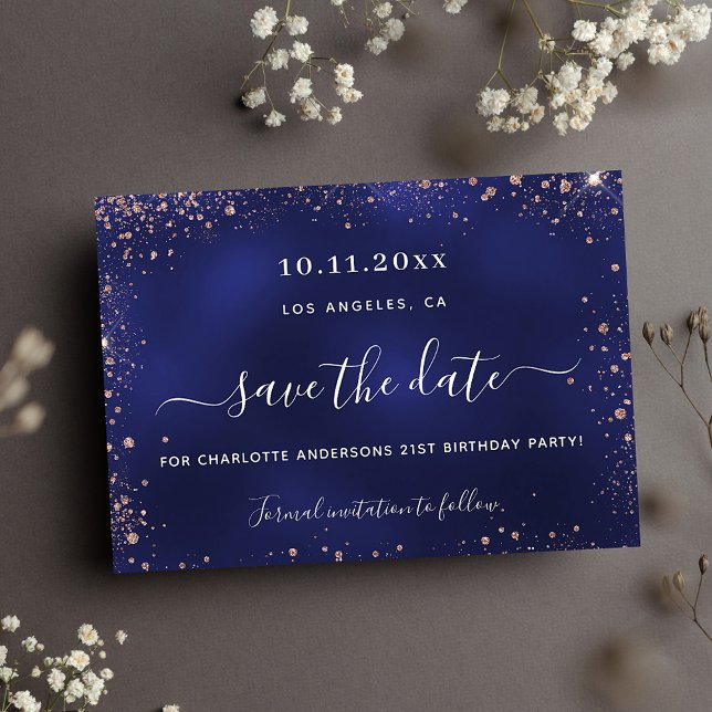 Birthday Party Marine Blue Rose Gold Glitzer Save The Date (Von Creator hochgeladen)