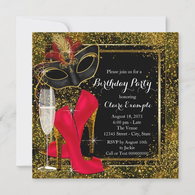 Birthday Party mit Frauen Red Black Gold High Heel Einladung (Vorderseite)