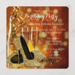 Birthday Party mit Gold Glitzer High Heels Champag Einladung
