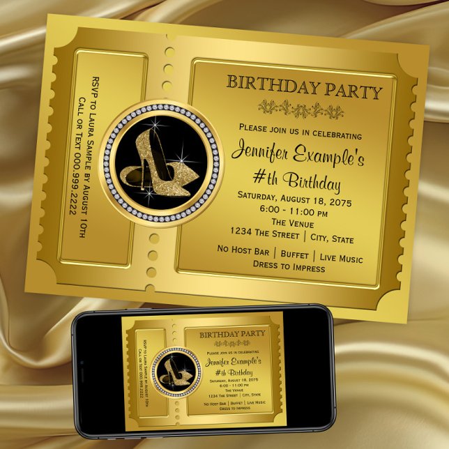 Birthday Party mit Gold High Heel Shoe Einladung (Gold high heel shoe invitation. Any event. Digital download and printed invitations available)