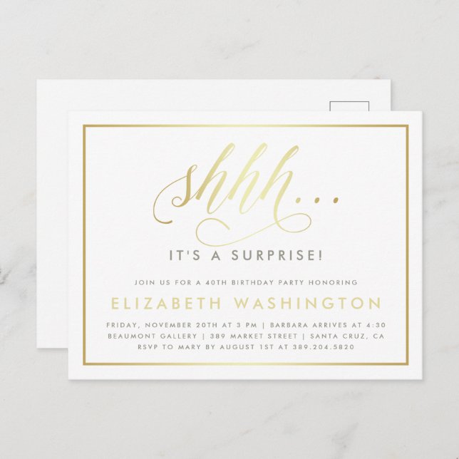 Birthday Party mit Gold und Weiß Einladungspostkarte (Vorne/Hinten)