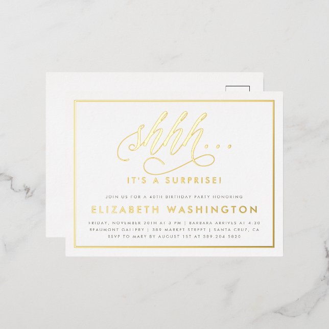 Birthday Party mit Gold und Weiß Folie Einladungspostkarte (Vorderseite/Rückseite)