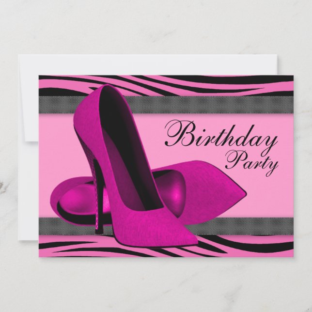 Birthday Party mit High Heels & Hot Pink Zebra Einladung (Vorderseite)