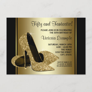 Birthday Party mit schwarzen Gold High Heels Einladung