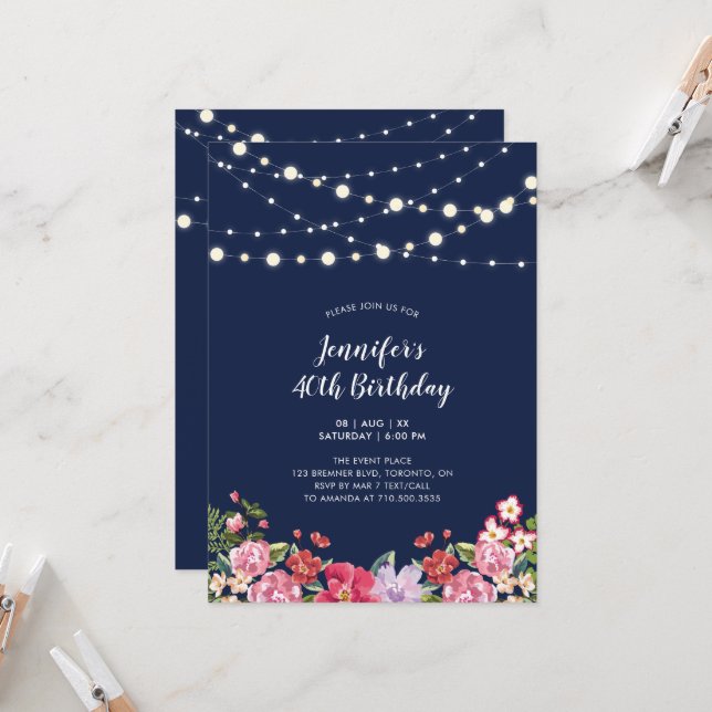 Birthday Party mit String Lights & Navy Floral Adu Einladung (Vorderseite/Rückseite Beispiel)