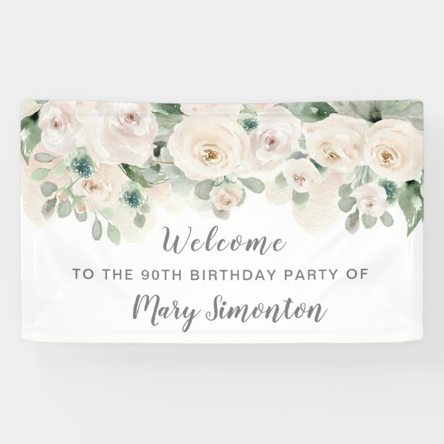 Birthday Party mit weißer Rose Floral 90. Banner (Horizontal)