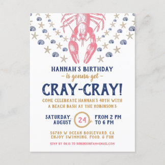 Birthday Party Nautical Beach Crayfish Cornavy Einladungspostkarte