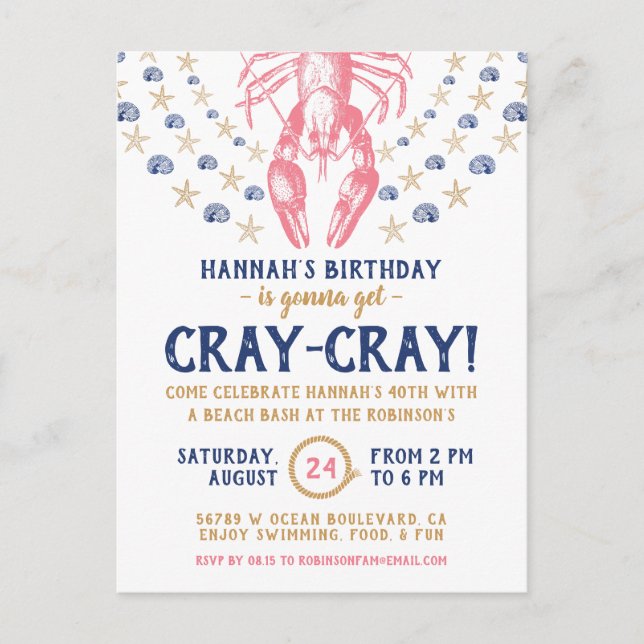 Birthday Party Nautical Beach Crayfish Cornavy Einladungspostkarte (Vorderseite)