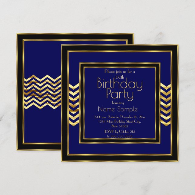 Birthday Party Navy Blue Black Gold Art Deco Einladung (Vorne/Hinten)