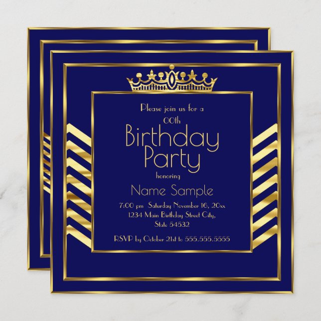 Birthday Party Navy Blue Gold Crown Art Deco Einladung (Vorne/Hinten)