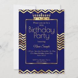 Birthday Party Navy Blue Gold Crown Zickzack Einladung