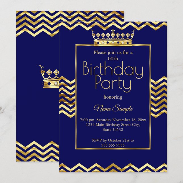 Birthday Party Navy Blue Gold Crown Zickzack Einladung (Vorne/Hinten)