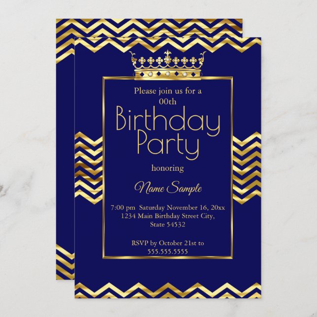 Birthday Party Navy Blue Gold Crown Zickzack Einladung (Vorne/Hinten)