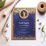 Birthday party navy blue gold diamond photo einladung<br><div class="desc">For an elegant 40th (or any age) birthday party. A navy blue,  uneven colored background. Decorated with faux gold confetti. Personalize and add a name and party details. Add your photo into the faux golden diamond frame. The name is written with a hand lettered style script</div>