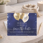 Birthday party navy blue gold save the date card<br><div class="desc">A trendy Save the Date for a 18th (or any age) birthday party. A navy blue uneven colored background. Decorated with blue and faux gold glitter and golden balloons. The text: Save the Date is written with a large trendy hand lettered style script.</div>