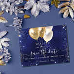 Birthday party navy blue gold save the date card<br><div class="desc">A trendy Save the Date for a 18th (or any age) birthday party. A navy blue uneven colored background. Decorated with blue and faux gold glitter and golden balloons. The text: Save the Date is written with a large trendy hand lettered style script.</div>