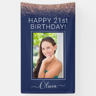 Birthday Party Navy Blue Rosen Gold Pink Glitzer Banner