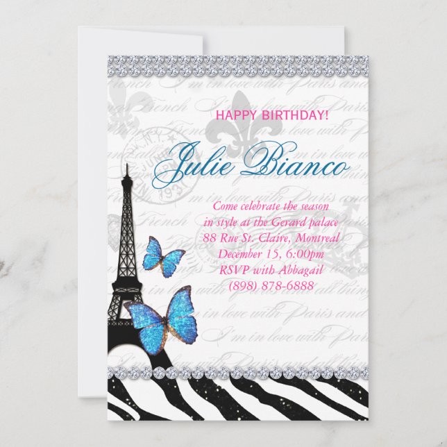Birthday Party Paris Card Eiffel Tower Butterfly G Einladung (Vorderseite)