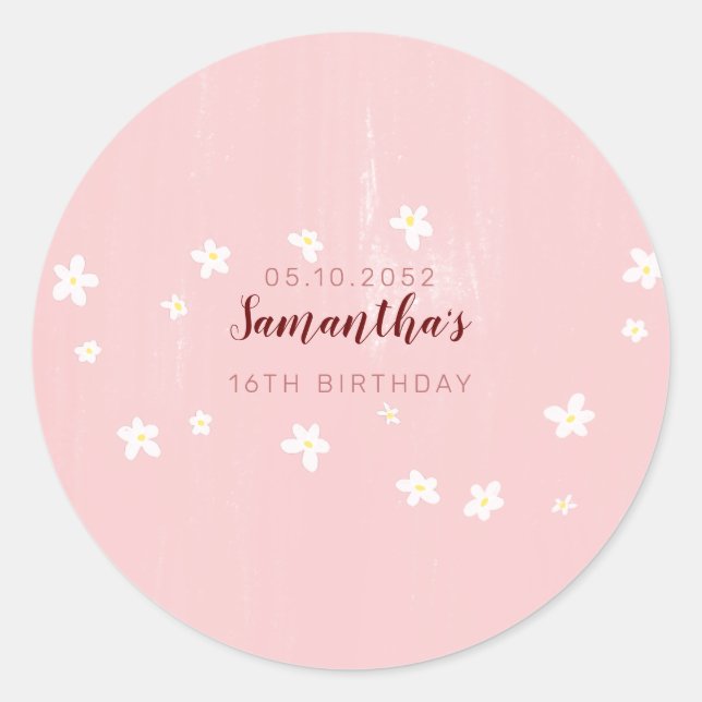 Birthday Party Pink Daisies Sweet Girly Script Runder Aufkleber (Vorderseite)