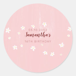 Birthday Party Pink Daisies Sweet Girly Script Runder Aufkleber