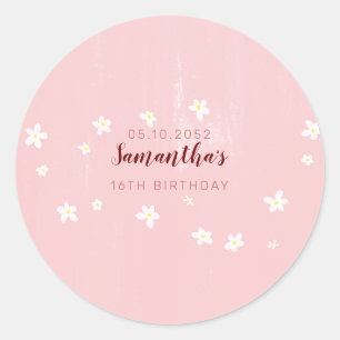Birthday Party Pink Daisies Sweet Girly Script Runder Aufkleber