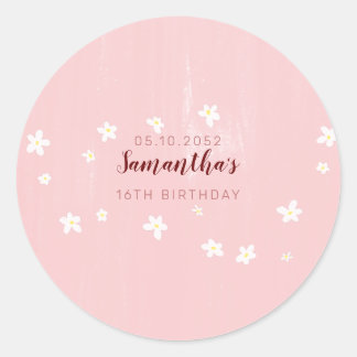 Birthday Party Pink Daisies Sweet Girly Script Runder Aufkleber
