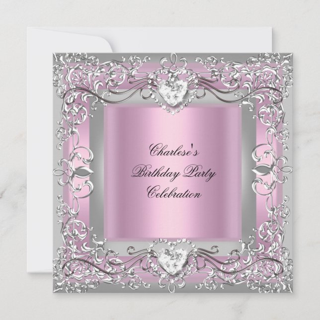 Birthday Party Pink Silver Diamond Einladung (Vorderseite)