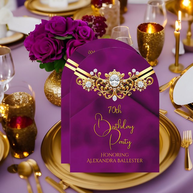 Birthday Party Plum Faux Velvet Gold Diamonds Gems Einladung (Von Creator hochgeladen)
