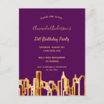 Birthday party purple gold city skyline Einladung Postkarte<br><div class="desc">An einladung for an elegant 21st (or any age) birthday party for her, women. An elegant feminine purple background with falsch gold city skyline as decoration. Der Text The name is written with a golden modern hand lettered style script. Template for name, and party details. Back: Purple Background and the...</div>