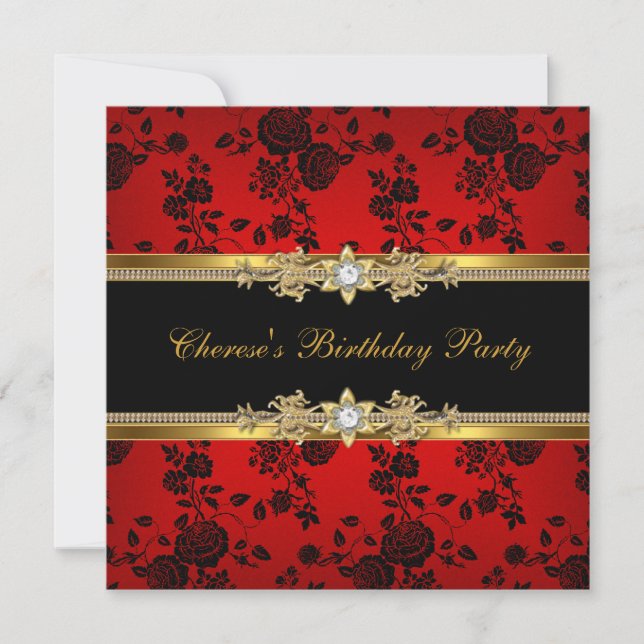 Birthday Party Red Damask Gold Black Diamond Einladung (Vorderseite)