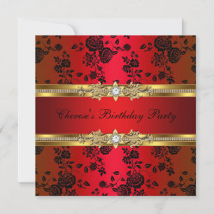 Birthday Party Red Damask Gold Black Einladung