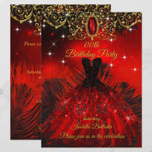 Birthday Party Red Dress Black Feathers Gold Einladung
