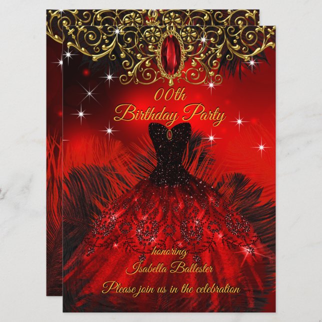 Birthday Party Red Dress Black Feathers Gold Einladung (Vorne/Hinten)