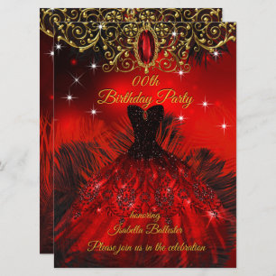 Birthday Party Red Dress Black Feathers Gold Einladung