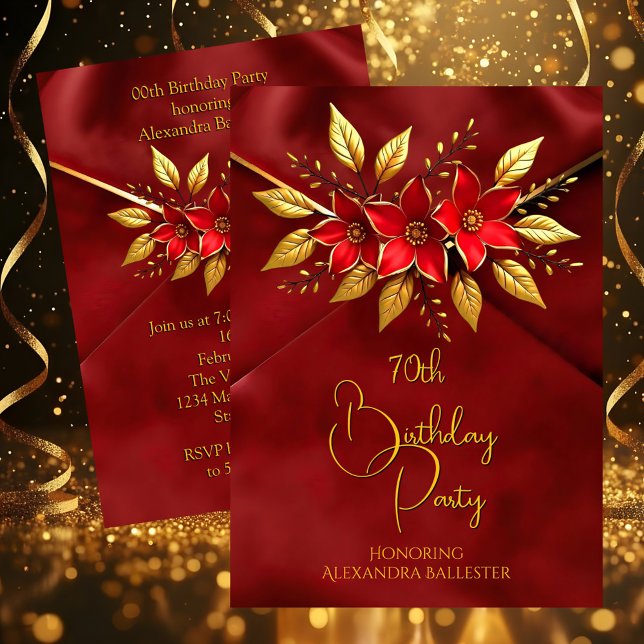 Birthday Party Red Flowers Faux Crush Velvet Gold Einladung (Von Creator hochgeladen)