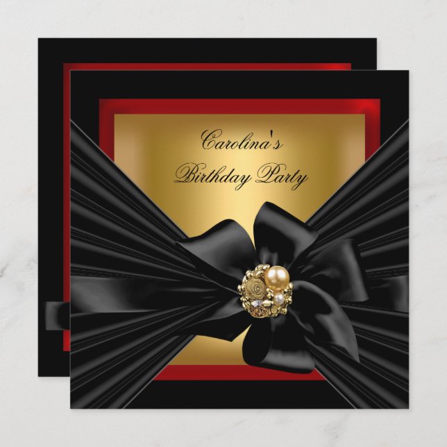 Birthday Party Red Gold Black Bow Einladung (Vorne/Hinten)