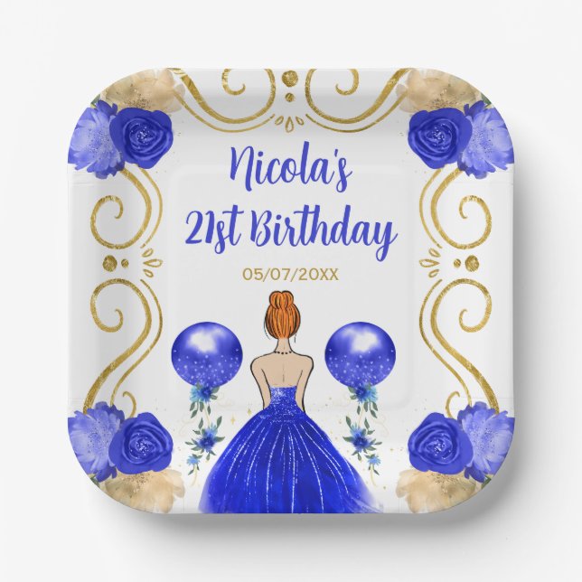 Birthday Party Rote Haare Prinzessin in Blue Pappteller (Vorderseite)