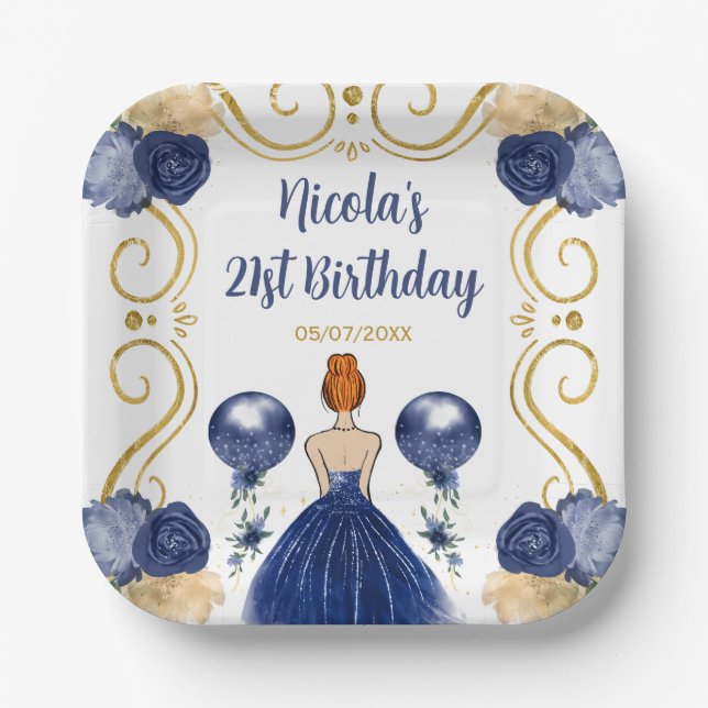 Birthday Party Rote Haare Prinzessin in Navy Blue Pappteller (Vorderseite)