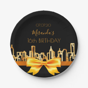 Birthday Party Schwarze Goldmedaille Skyline Pappteller