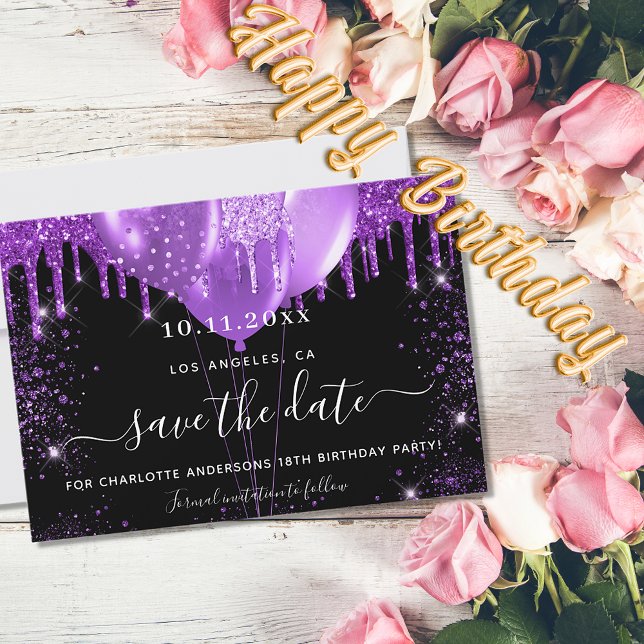 Birthday Party schwarze lila Ballons Save the Date (Von Creator hochgeladen)