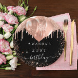 Birthday Party Schwarze Rose Gold Glitzer Ballons Pappteller<br><div class="desc">Für eine elegante 21. Geburtstagsparty (oder jedes Alter). Ein schicker schwarzer Hintergrund. Dekoriert mit Rose vergoldeten Imitaten Glitzer Tropfen,  Farbe Tropfen Aussehen,  Glitzer Glitzern und Ballons. Personalisieren und fügen Sie den Namen und Alter 21.</div>